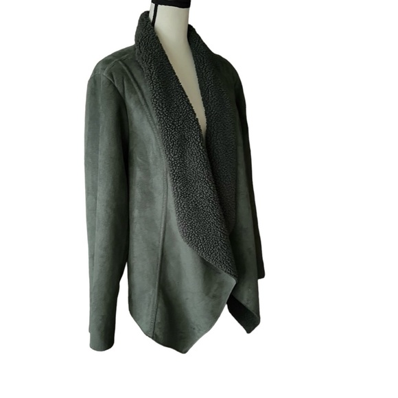 Denim&Co 1X Faux Suede Sherpa-lined Forest Green Open Front Jacket - Picture 4 of 7
